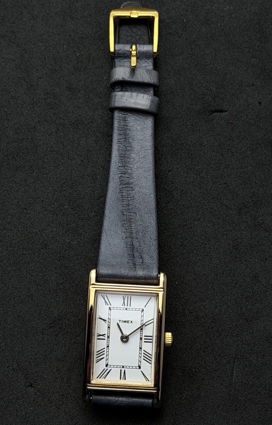 Vtg New 1997 TIMEX Tank Womens 32mm Quartz Watch Gold White Roman Num Gray EEL