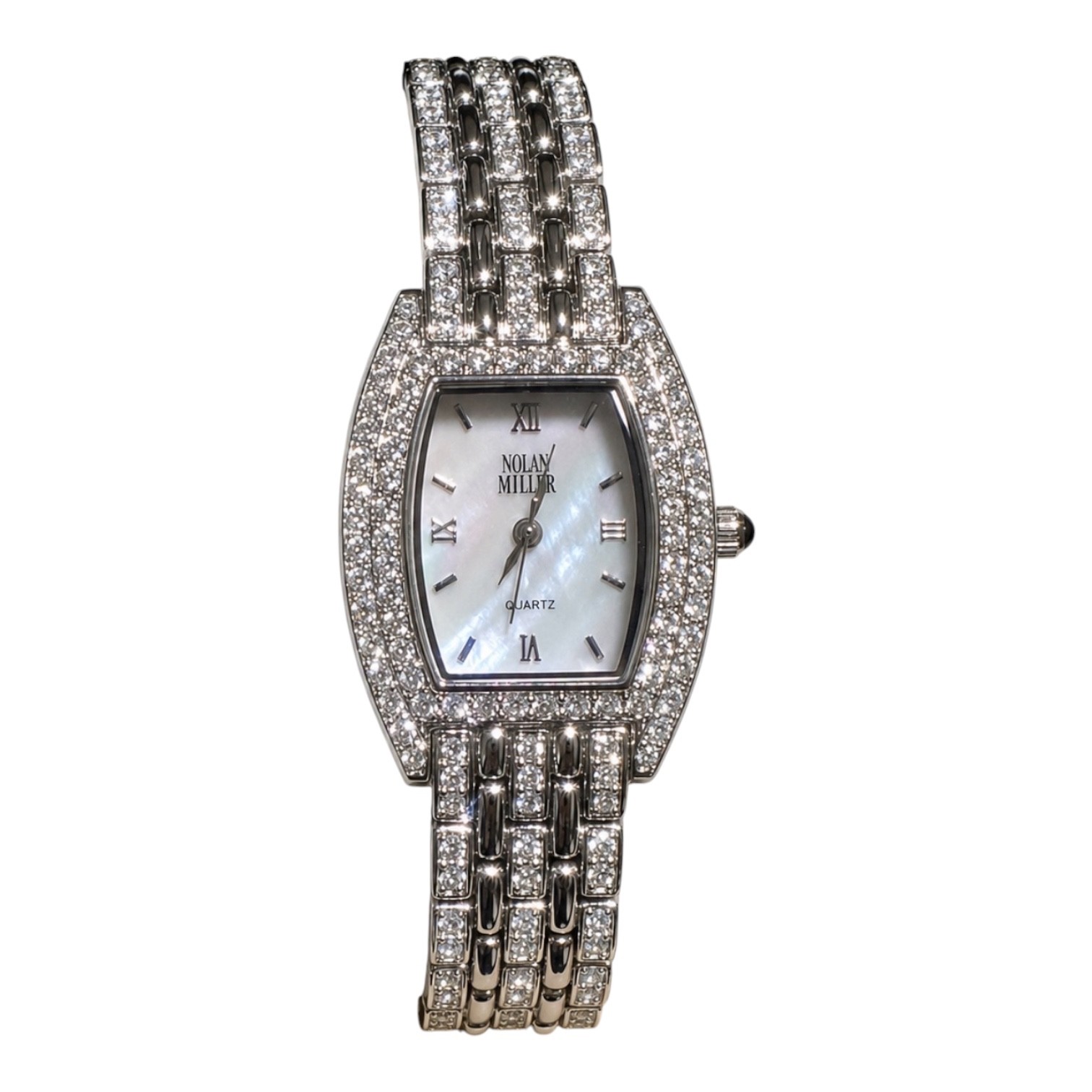 Nolan Miller Womens Silver Tone Rhinestone Bracelet Watch 6-1/4”