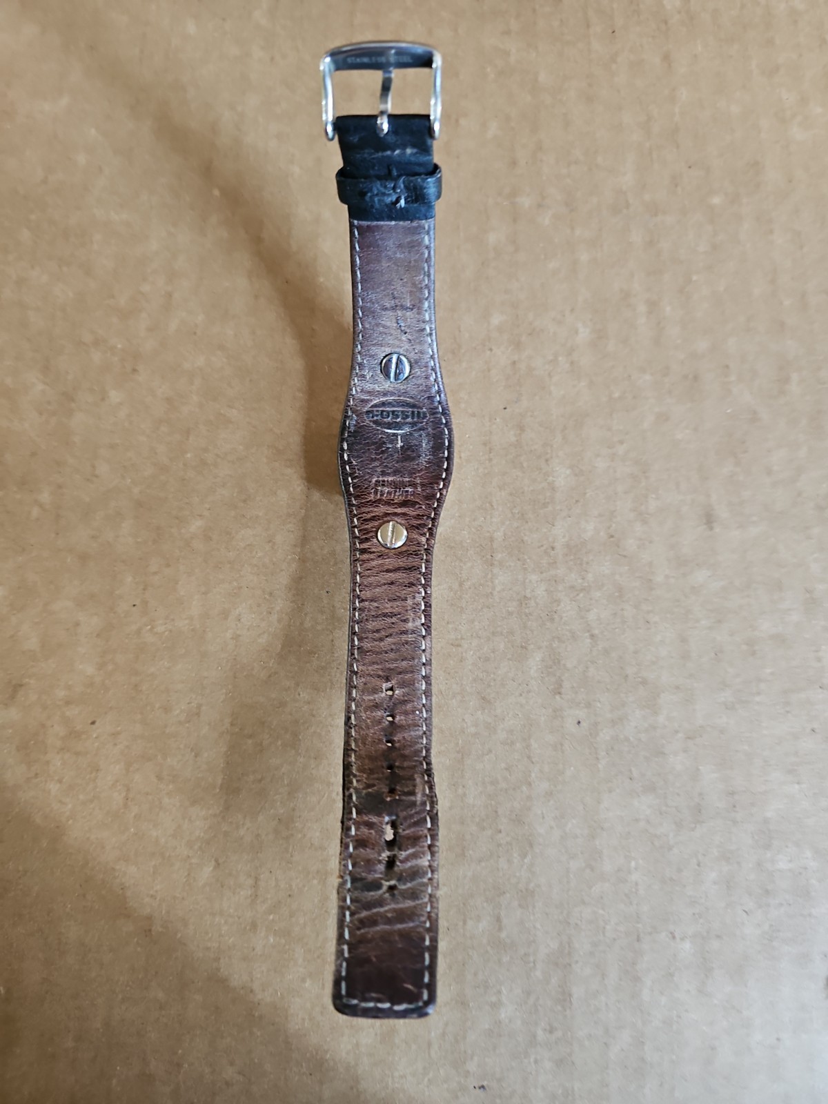 Fossil Wristwatch Date With One Piece Black Leather Vtg Strap Band Size 4-7