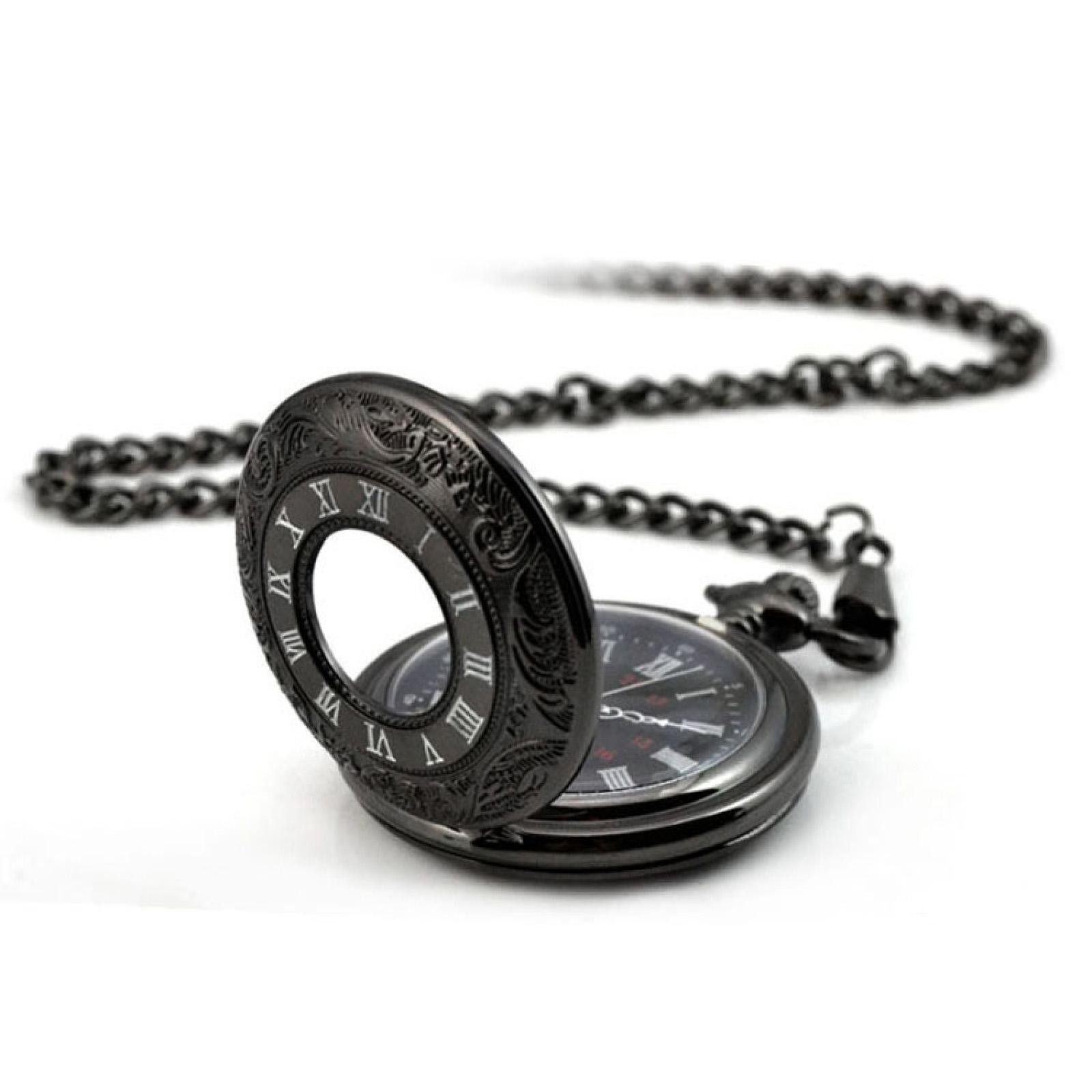 Vintage Retro Steampunk Pocket Watch Black Quartz Pendant Necklace Chain Gift G