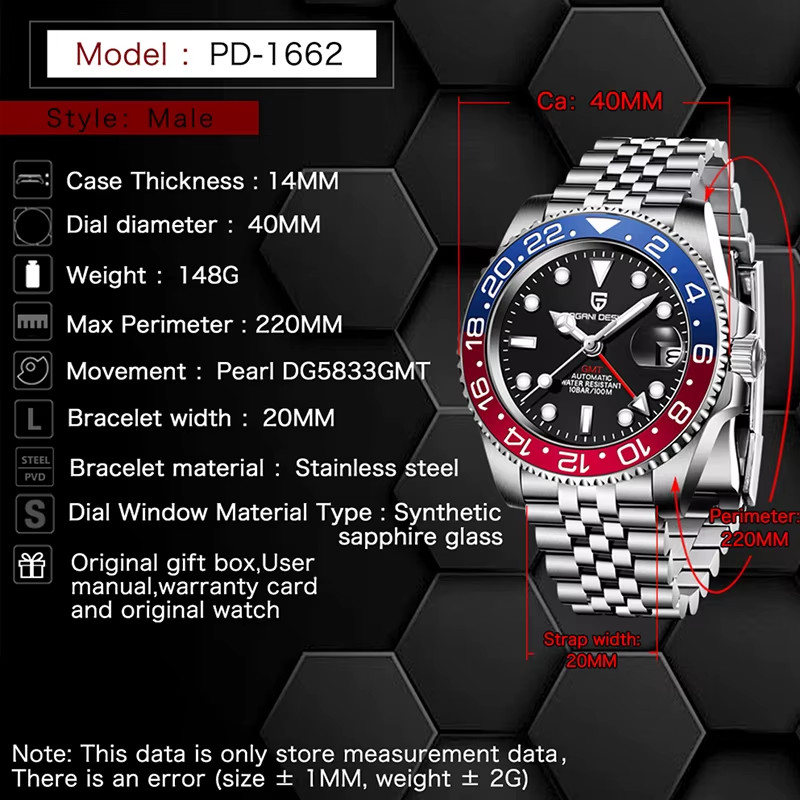 Pagani Design 1662 GMT Automatic Men’s Watch Ceramic Bezel Sapphire 100M
