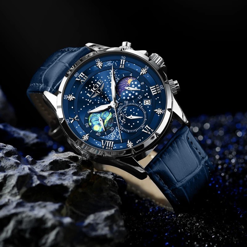 LIGE Luxury Quartz Men’s Watch Leather Strap Date Waterproof Luminous Wristwatch