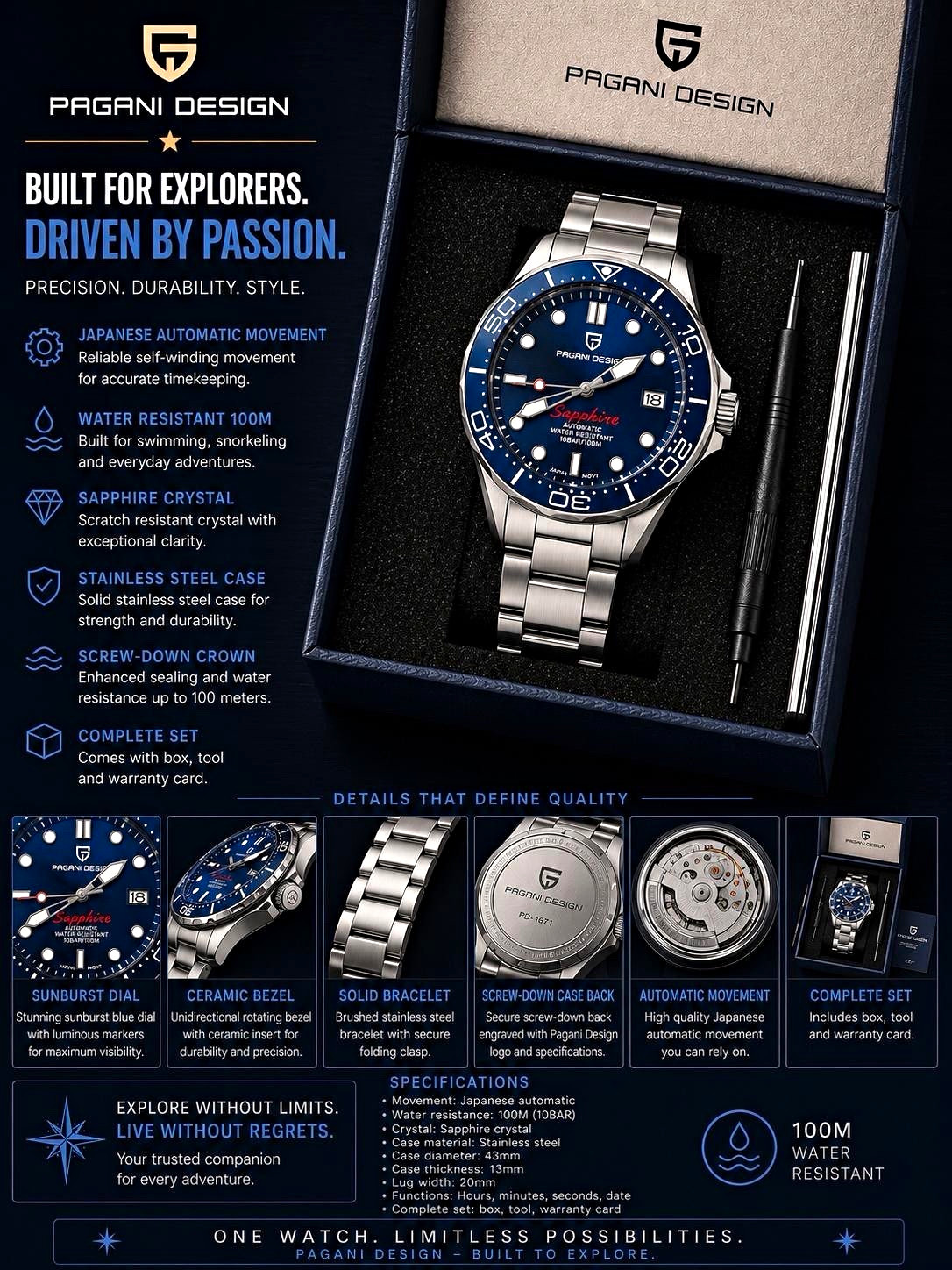 Pagani PD1667 Automatic 100m Sapphire Blue Dial/Bezel 43mm