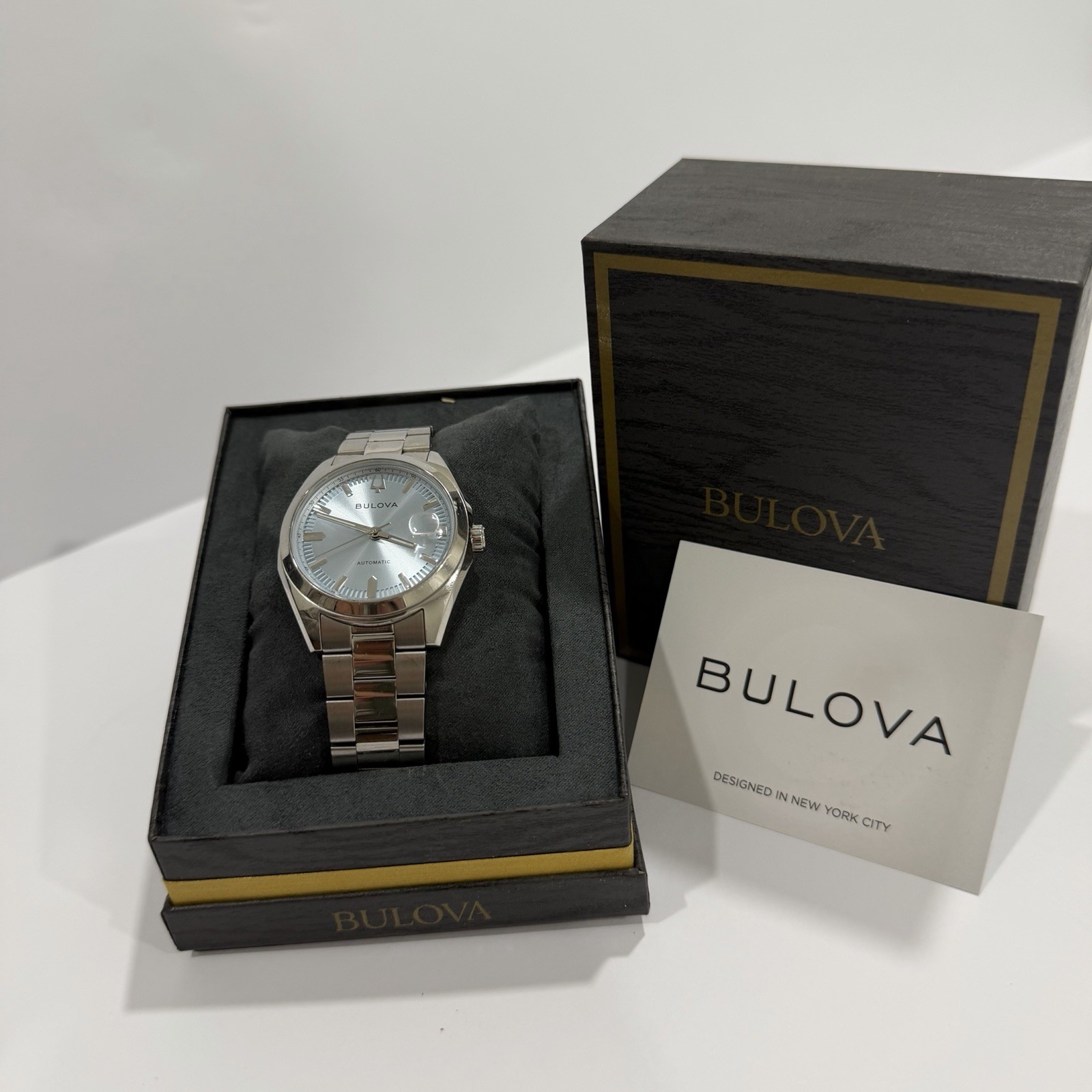 Bulova Surveyor Silver Dial Stainless Steel Bracelet Date Watch w/ Box Manual
