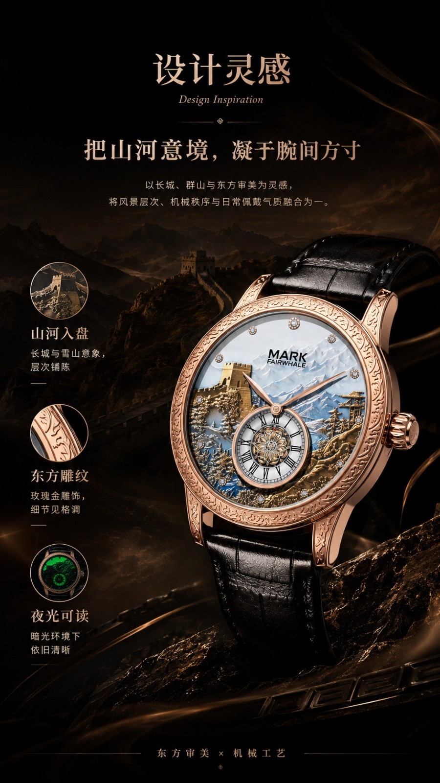 Mark Fairwhale Automatic Watch Men Great Wall Luxury Mechanical Luminous Leather