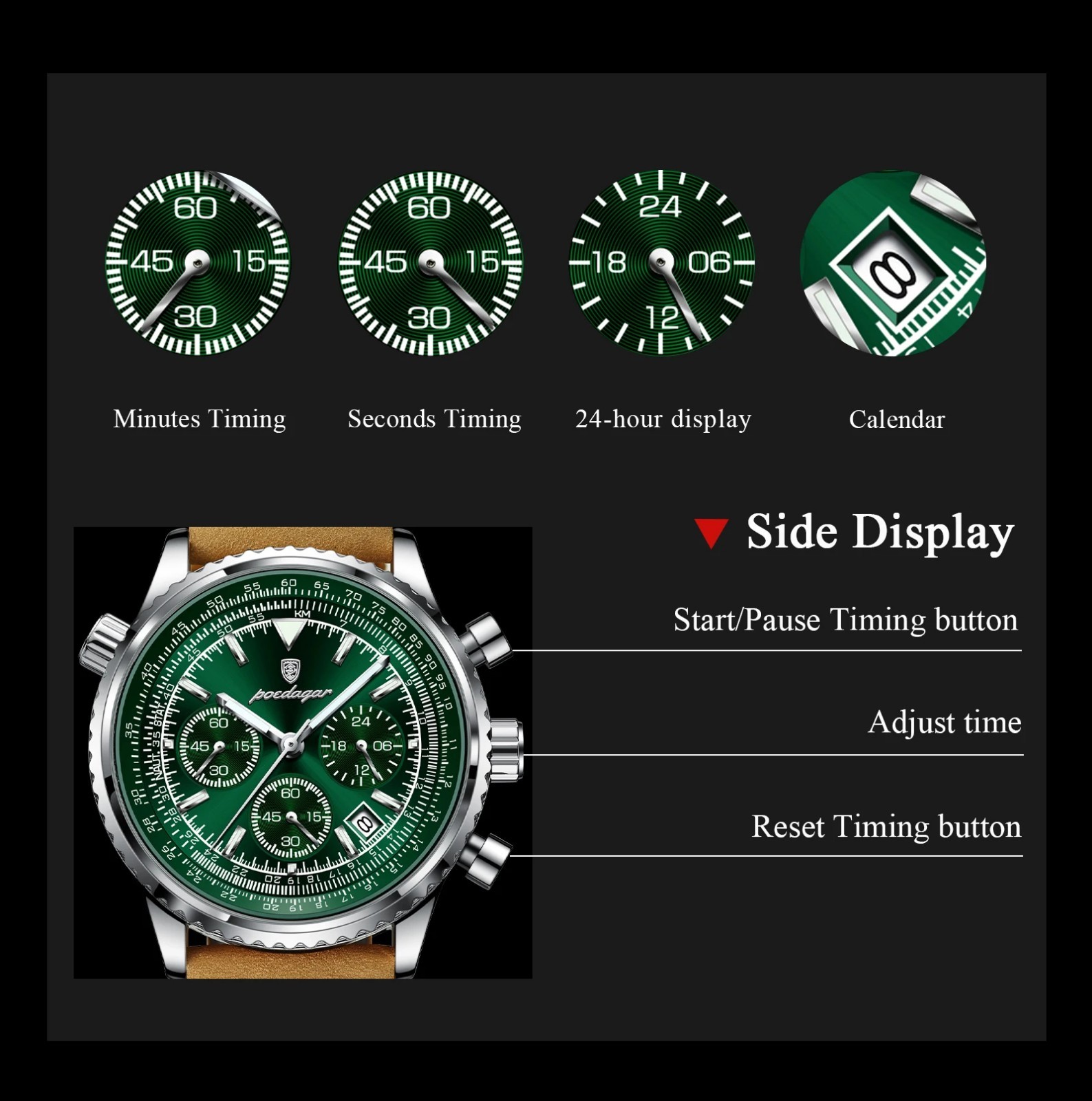 POEDAGAR Luxury Men Quartz Watch Waterproof Chronograph Leather Best Gift