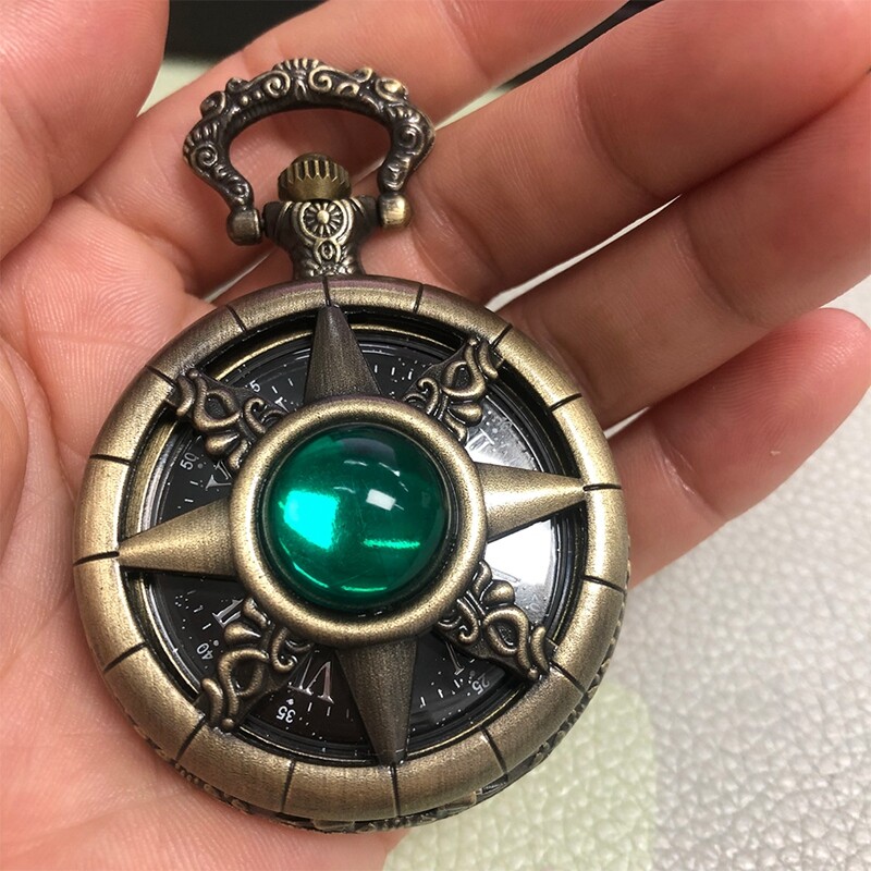 Steampunk Bronze Quartz Pocket Watch with Stone Decoration Chain Women Men Gifts