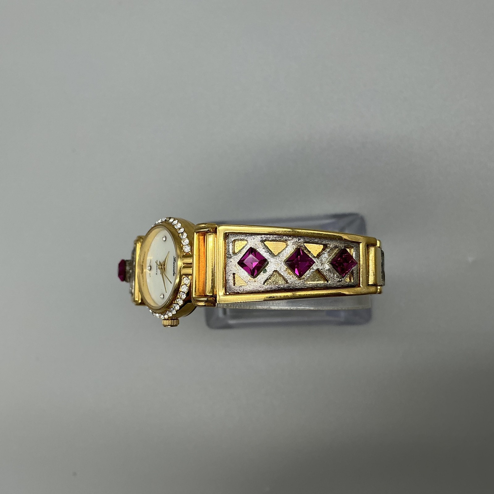 Vintage Lucida Womens Watch 21mm MOP Gold Bangle Pink Crystals New Battery 6.75″