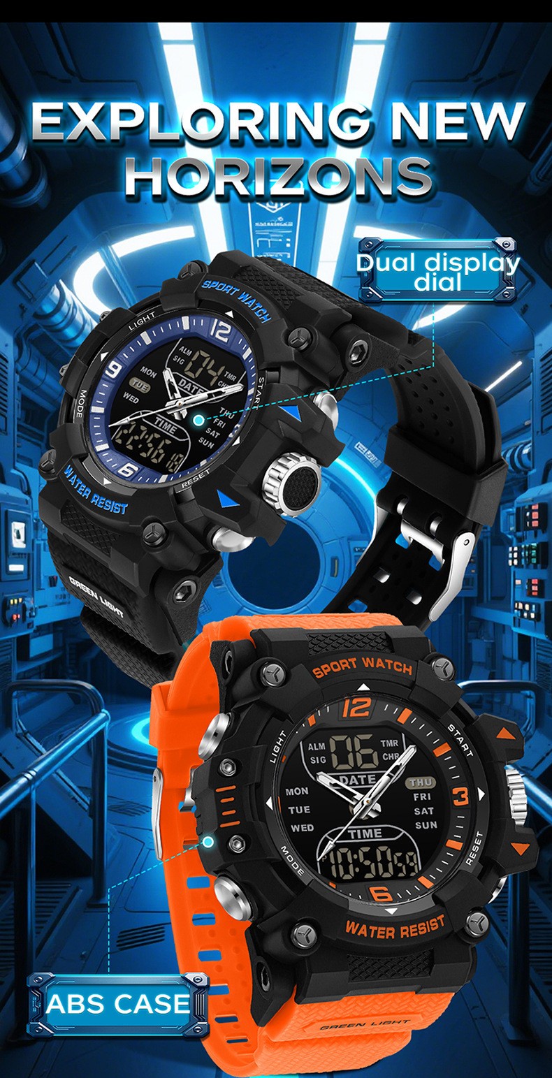 Trendy dual display dial multifunctional sports style quartz waterproof watch