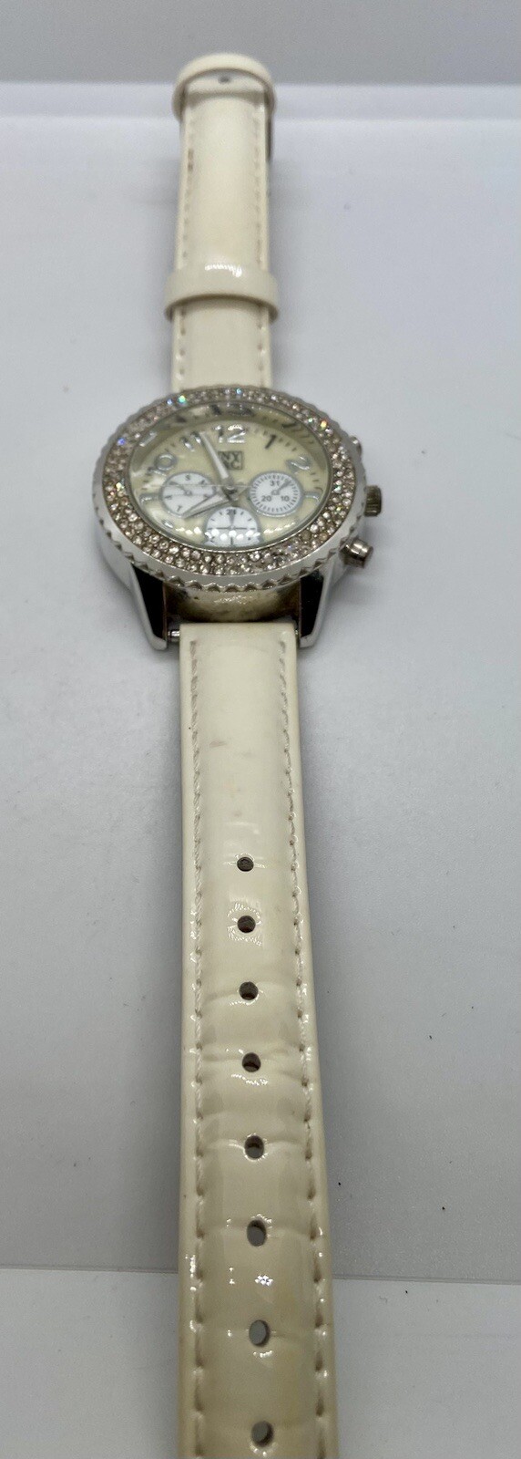 NY&C Ladies Watch Iced Large MOP Dial New Battery Faux Chrono Ivory Leather Band