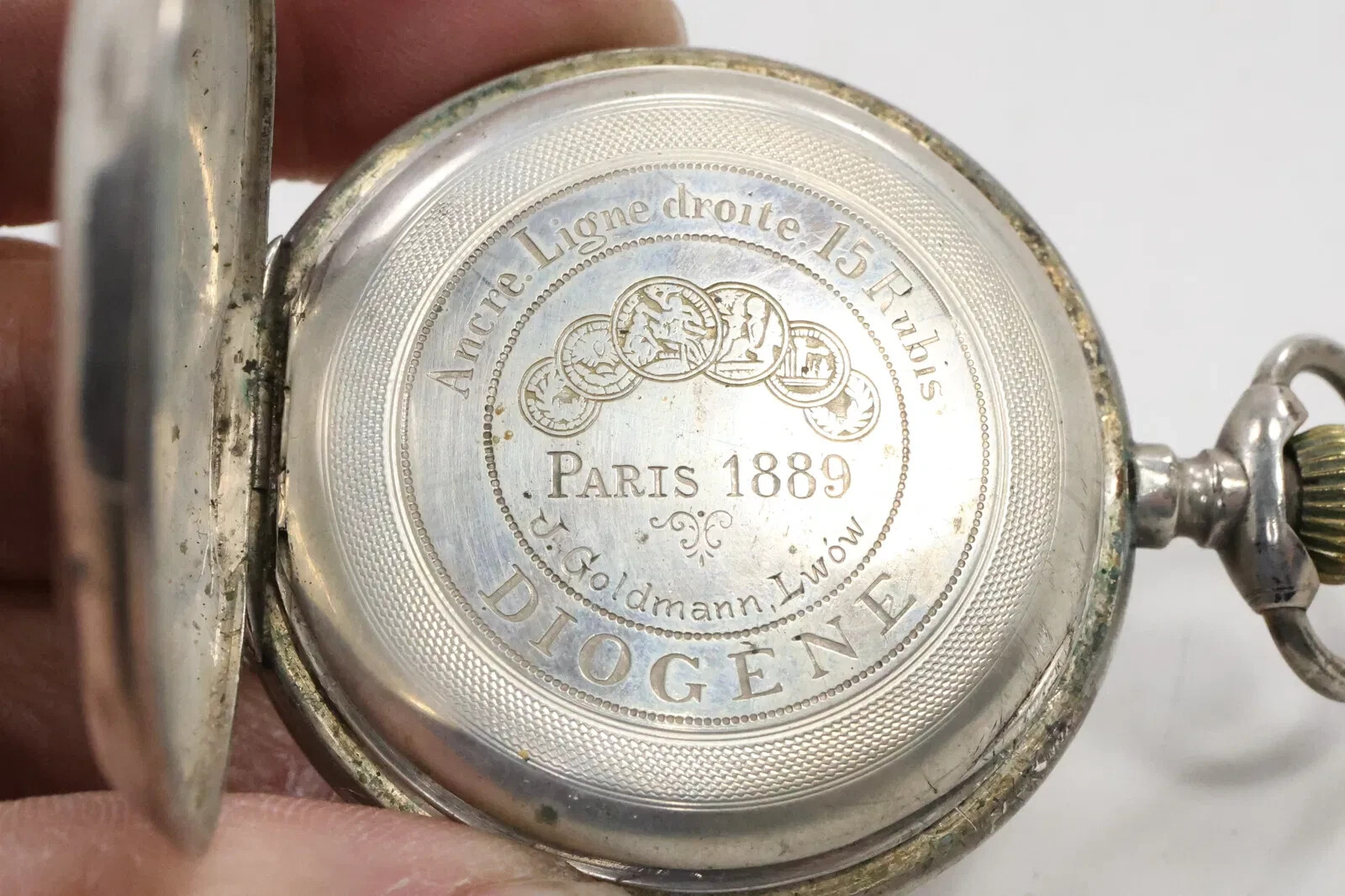 J. GOLDMANN, LWOW (LVIV), POLAND RETAILER C. 1890 DIOGENE SILVER POCKET WATCH