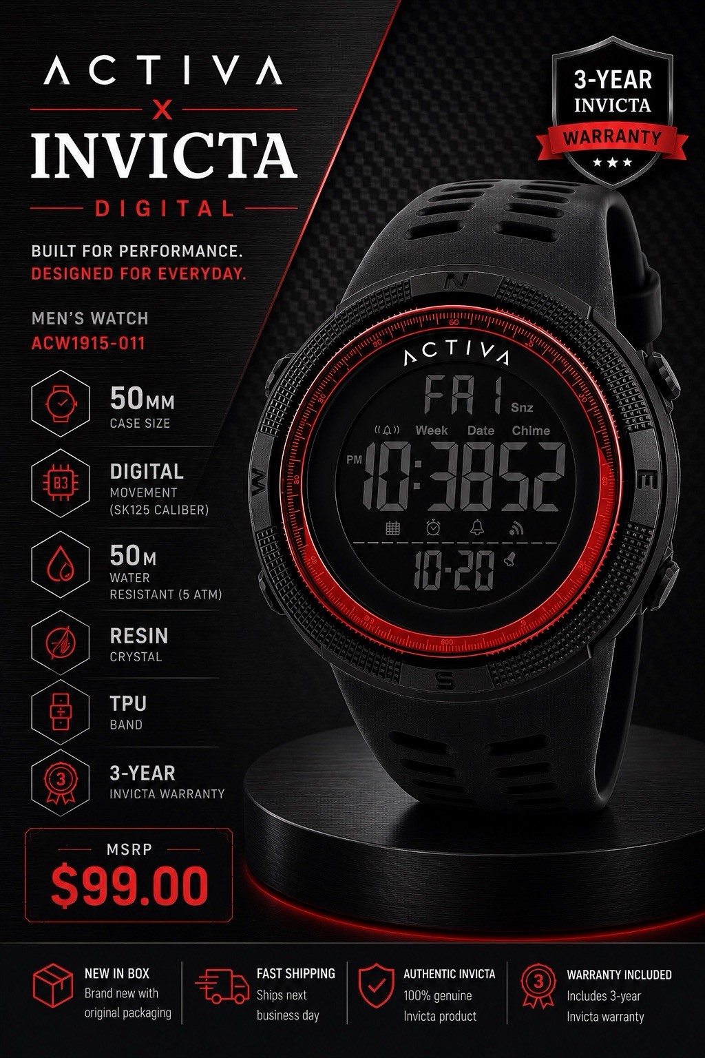 Activa X Invicta Digital Men’s Watch – 50mm, Black (ACW1915-011)