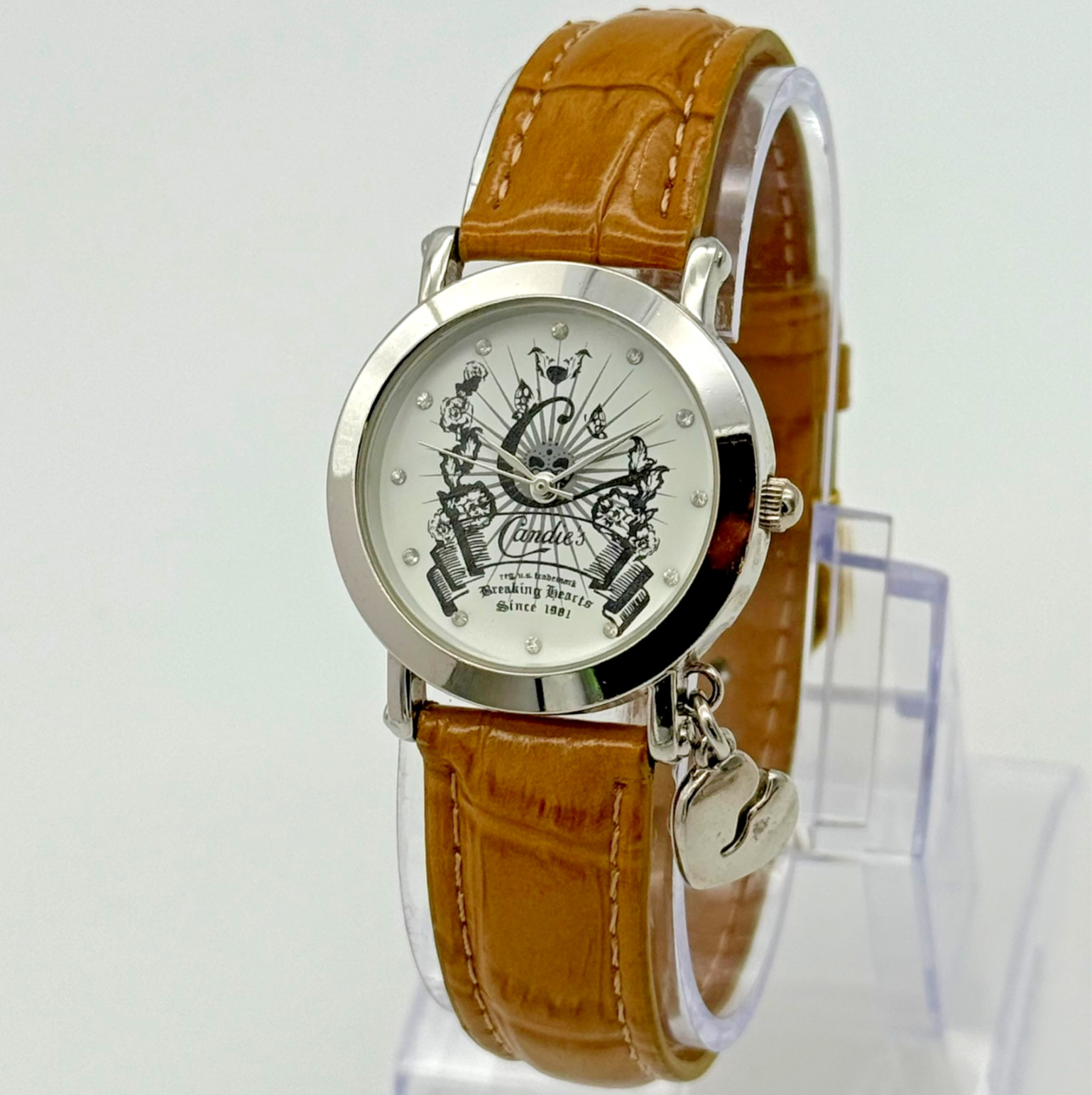 Women’s CANDIE’S Breaking Hearts Silver Tone Charm Watch, Brown Leather, Runs