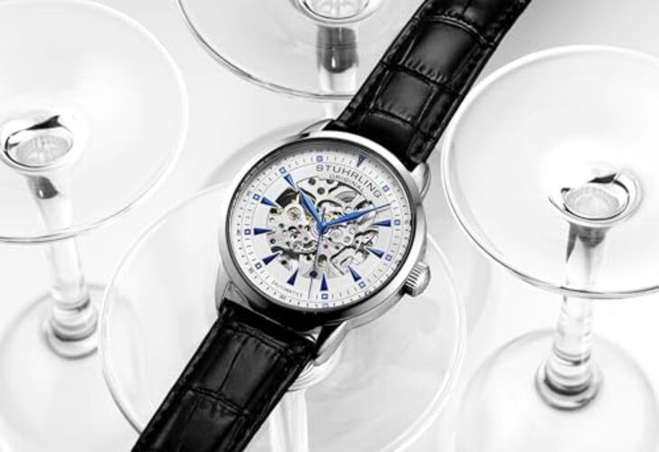 Mens Skeleton Automatic Dress Watch with Alligator Embossed Leather White