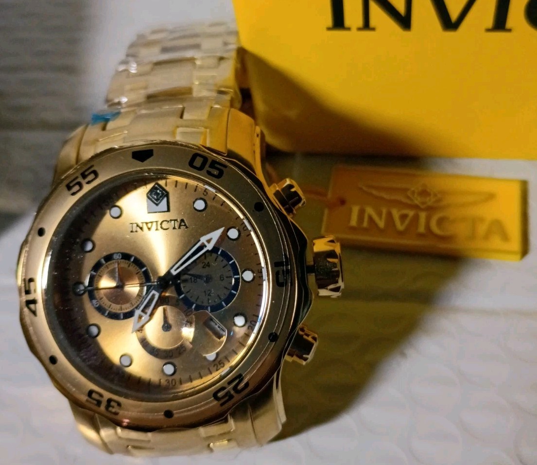 40- Invicta Pro Diver SCUBA Men’s Watch 48mm, Gold Bracelet Gold Dial 0074 NIB