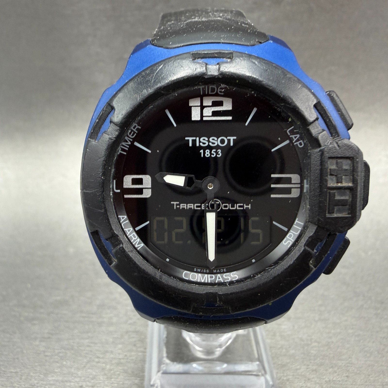Tissot T-Touch Watch Men 47mm Black Blue Ana Digi Alarm Chrono New Battery W/Box