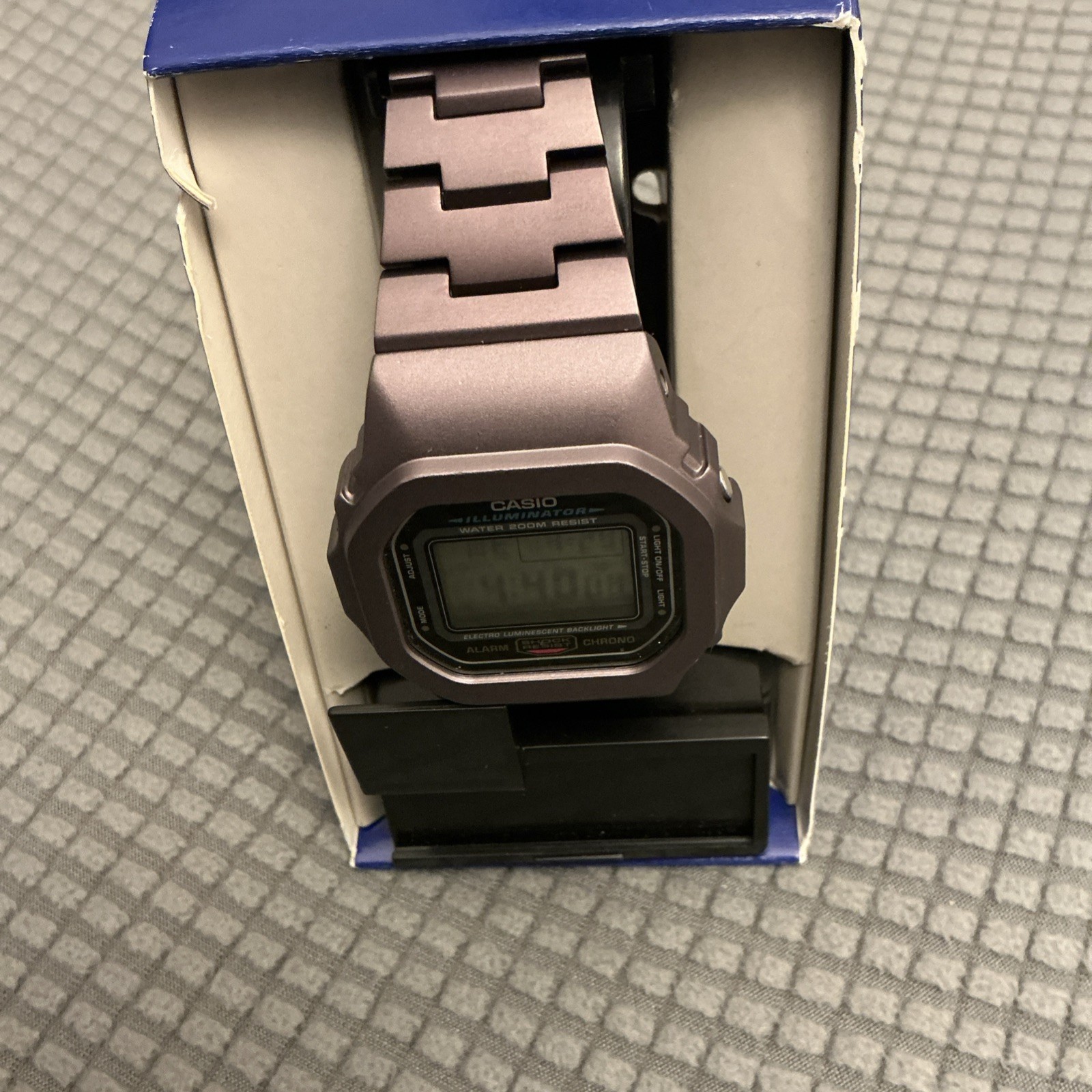 This is a modified DW5600E-1V watch with purple PVD Metal Bracelet 200M Box