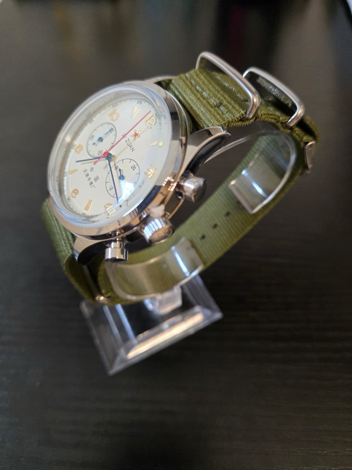 Homage Seagull 1963 Chronograph Quartz 42mm Rice White Dial Green NATO Strap