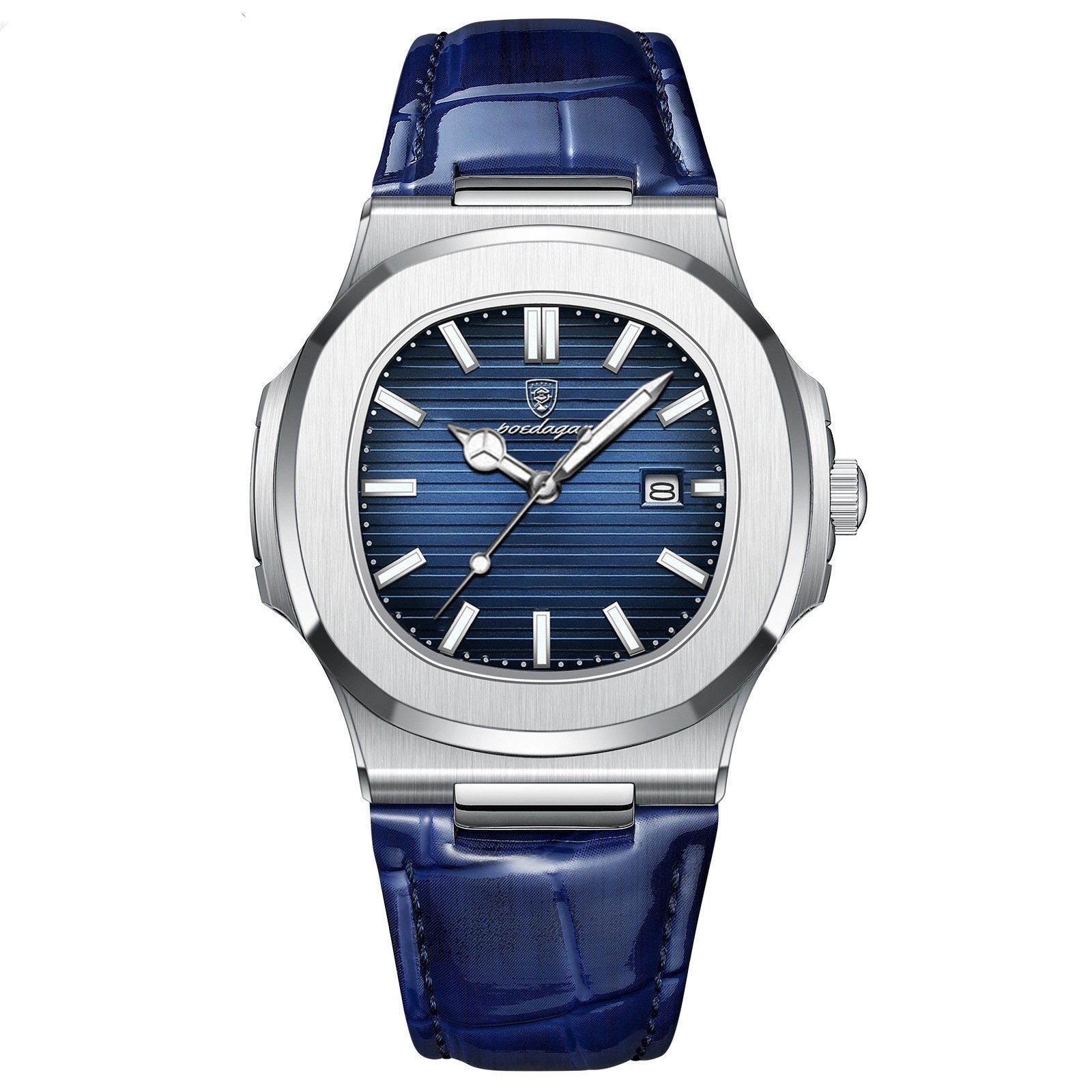 POEDAGAR Men Square Watch Textured Dial Leather Strap Luminous Waterproof Quartz