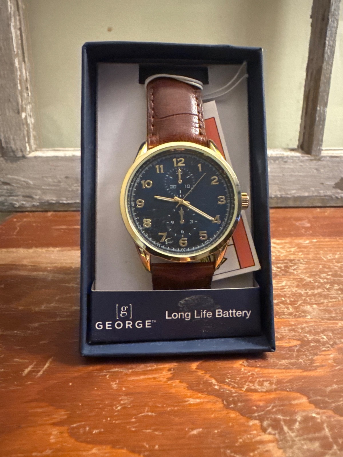 George 41MM Men’s Gold Tone Navy Dial Easy Read Strap Brown Watch