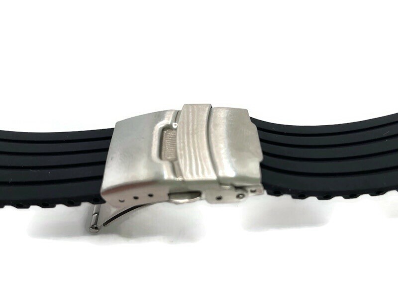Black Silicone Rubber Watch Strap, Sports with Parallel Lines, 3 Fold Clasp 20mm