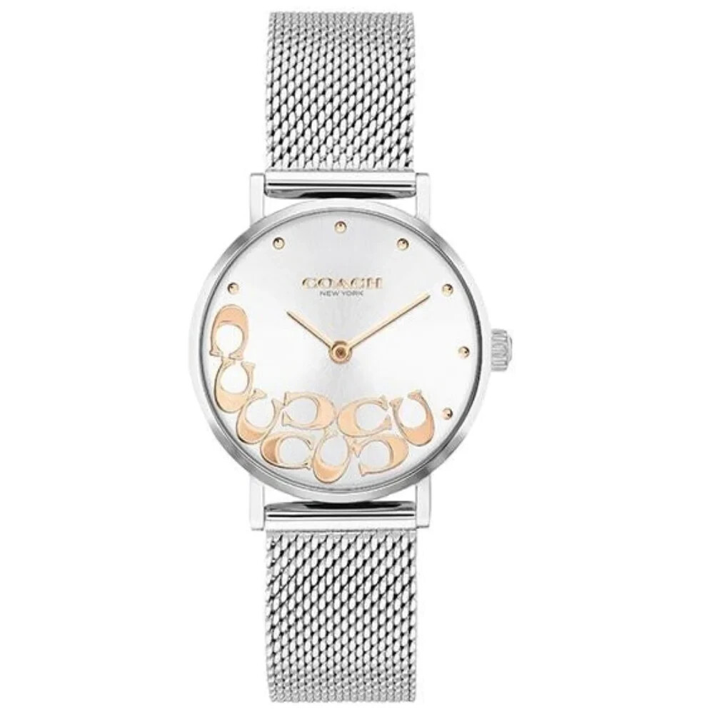 Coach 14503858 Perry Silver/Rose Gold Tone Logo Dial Mesh Band Women’s Watch
