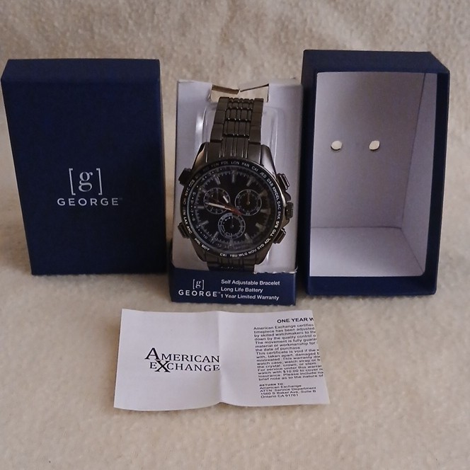 *NIB* George-Men’s Quartz Analog Black Silver-Metal Watch w/ Box Manual
