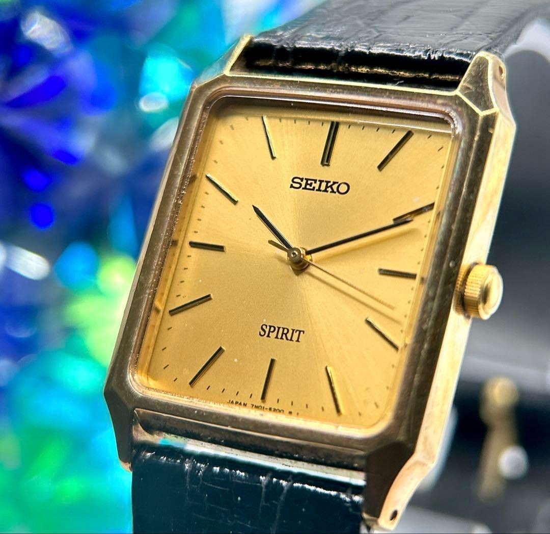 SEIKO Spirit Vintage Men’s Quartz Square Gold Dial Watch 25.6mm Black Strap