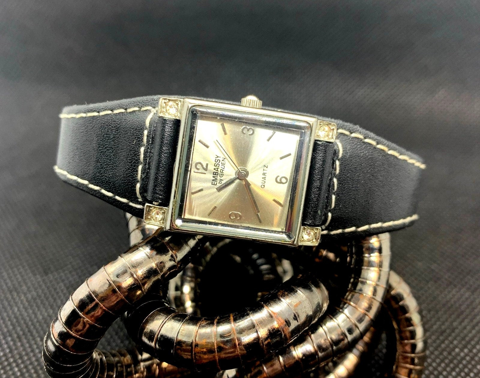 Embassy/Gruen GEM1647L Gemmed Bezel/Square/Silver/Black Leather Women’s Watch