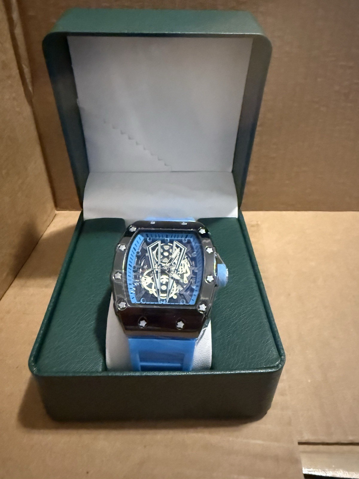 Skeleton Tonneau Analog Wristwatch Black Case Blue Rubber Strap w/ Box