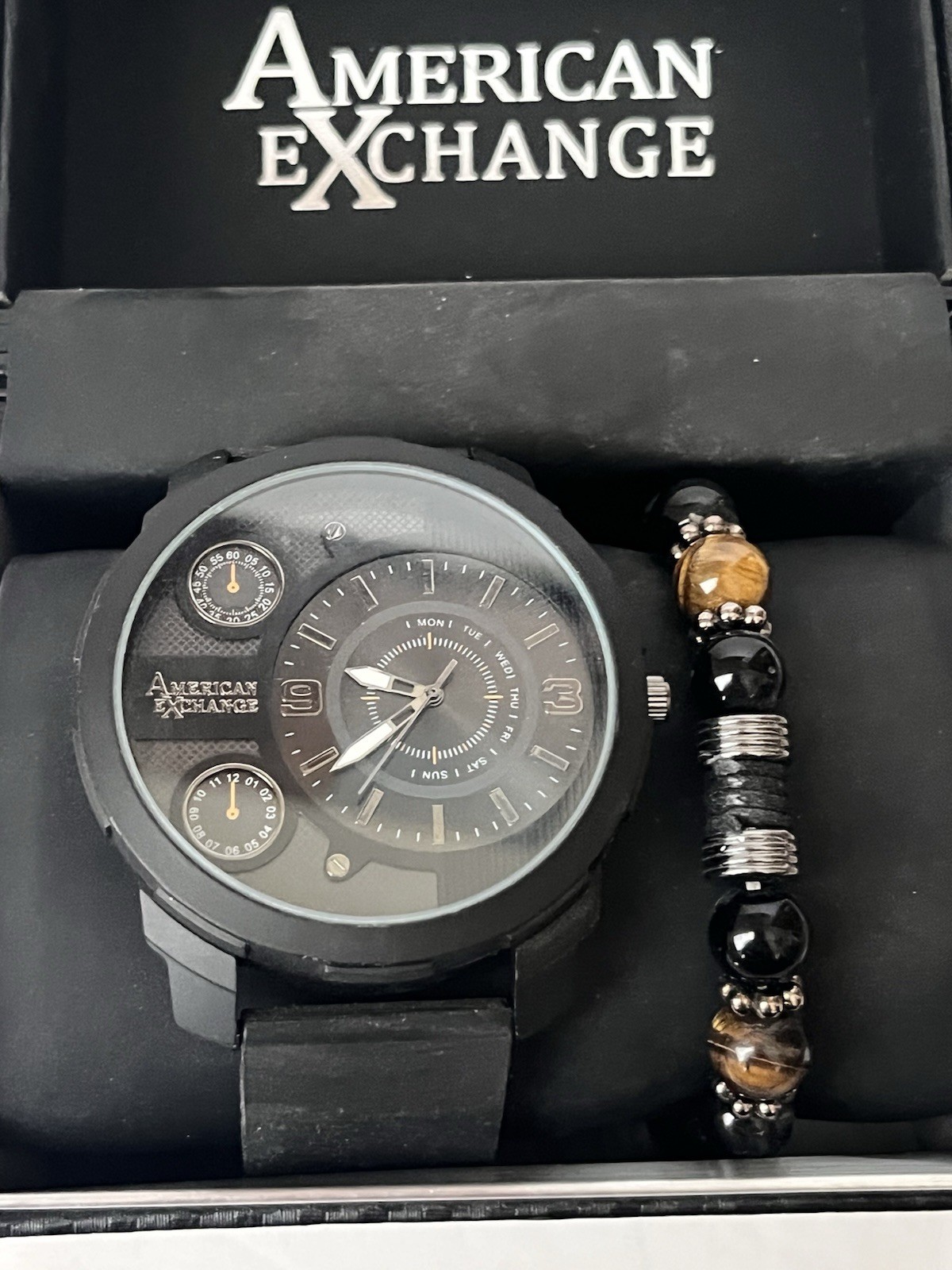 American Exchange Men’s Black Rubber Strap Watch 46mm Gift Set – Black New
