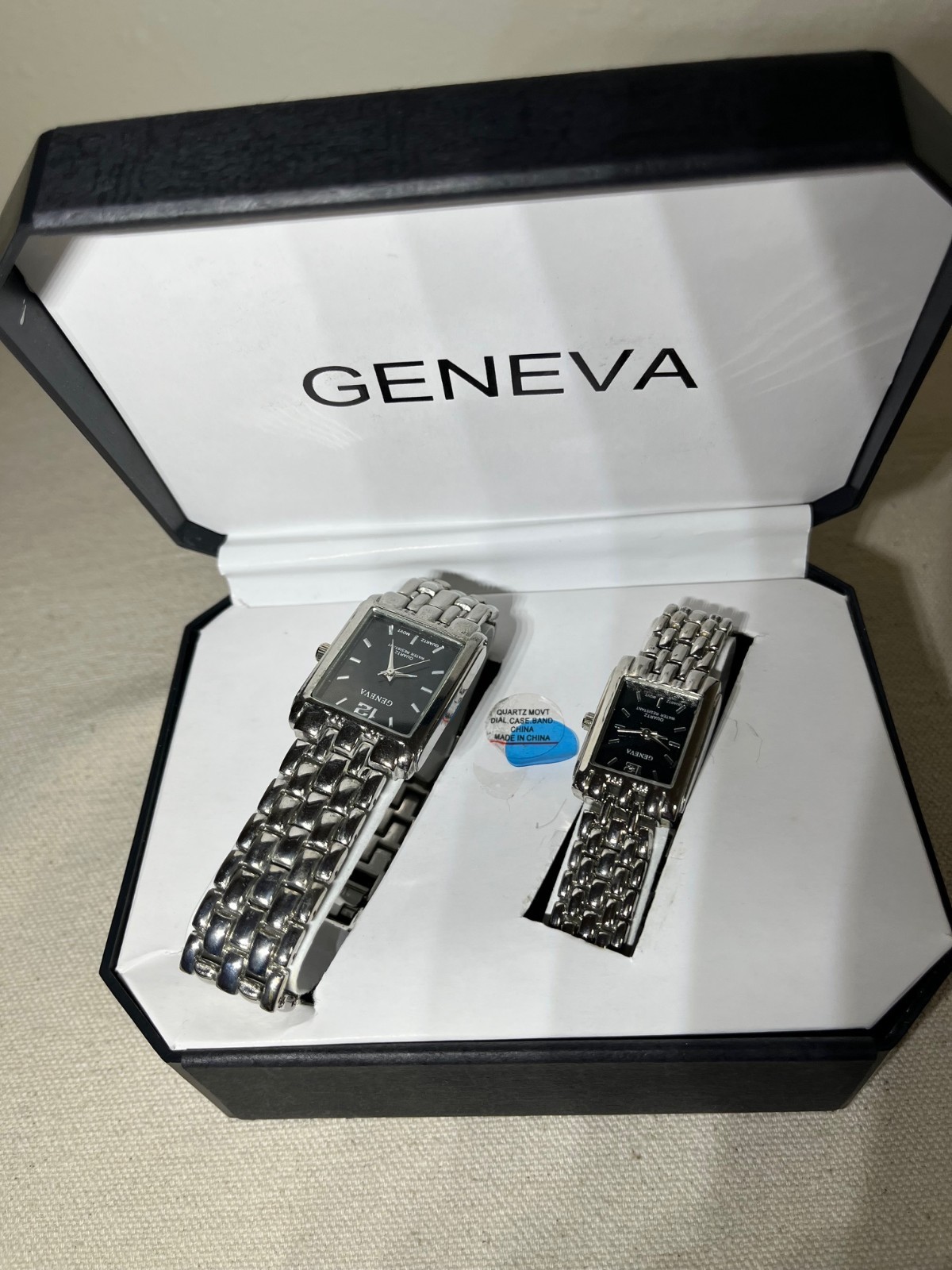 Geneva Designer Metallic Black Face Silver Tone His & Hers Watch w/ Box