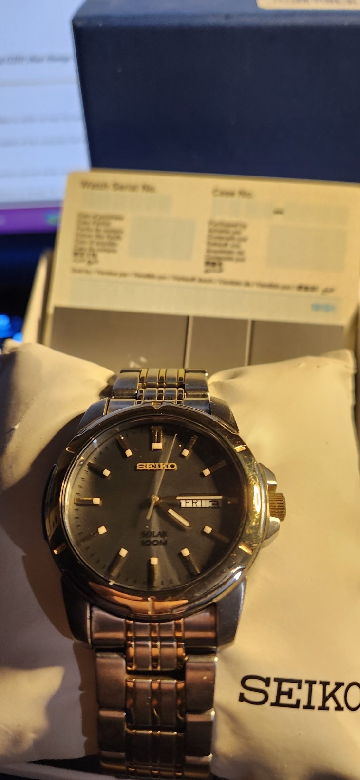 Seiko SNE098 Solar Quartz Men’s Watch Gray Dial Two-Tone Day/Date 100m