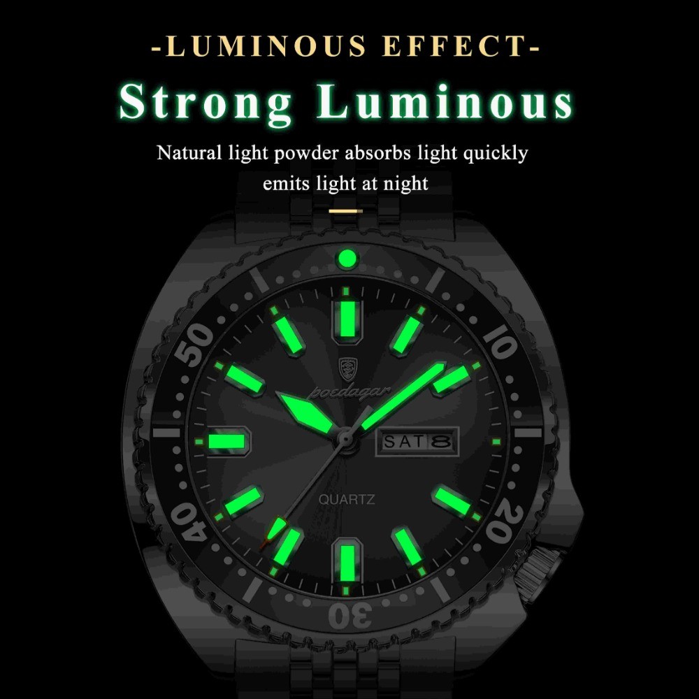 POEDAGAR Men Date Week Waterproof Luminous Casual Stainless Steel Quartz Watch