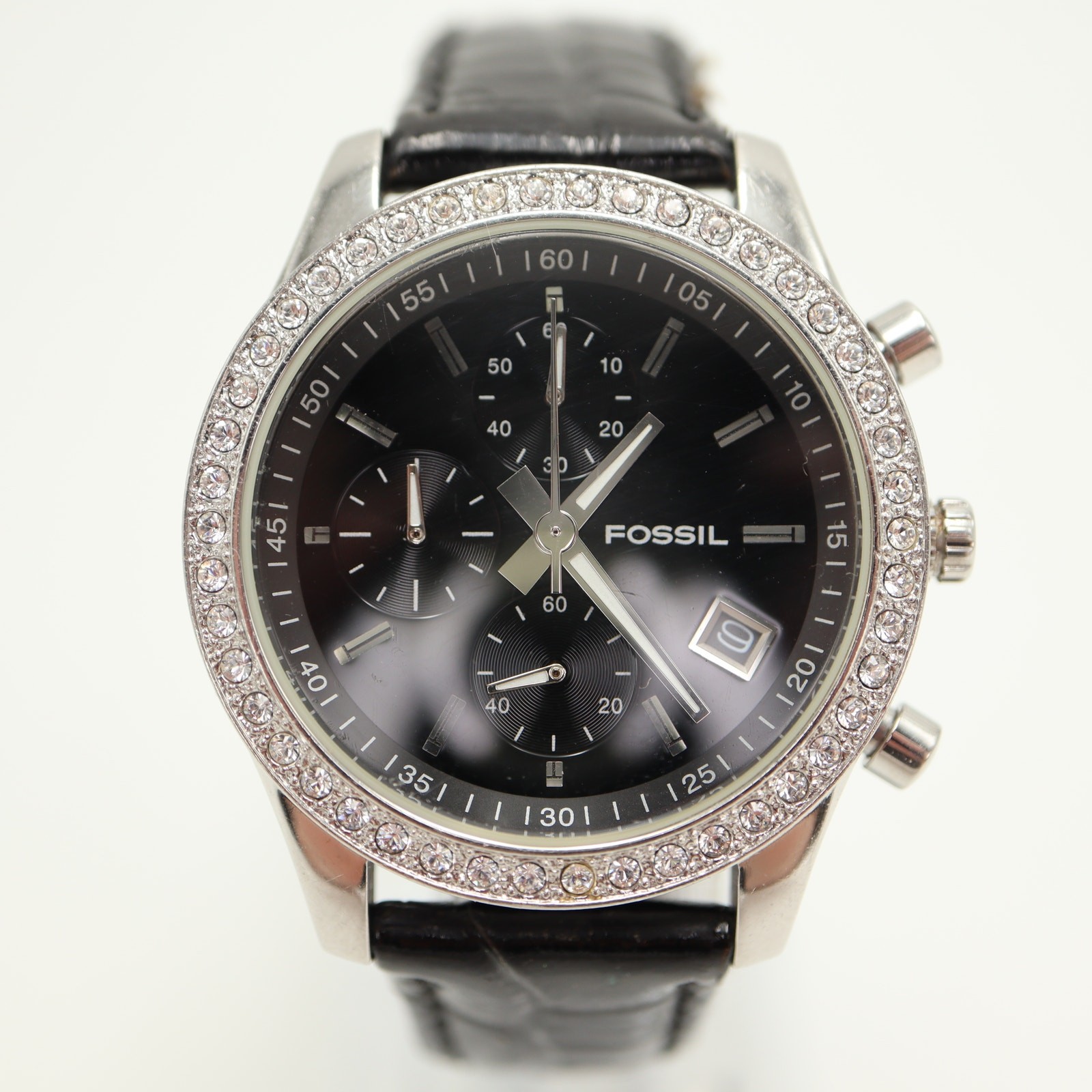 Fossil Arkitekt Chronograph 37mm Watch Black Leather Gem Set ES1648 New Battery