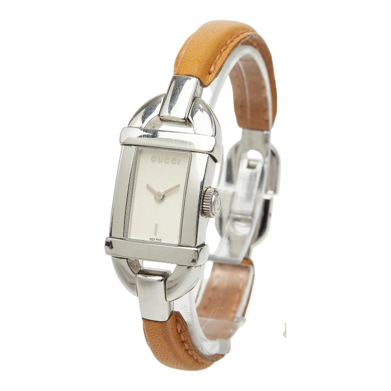 Gucci bangle watch 6800L quartz white dial stainless steel leather ladies used