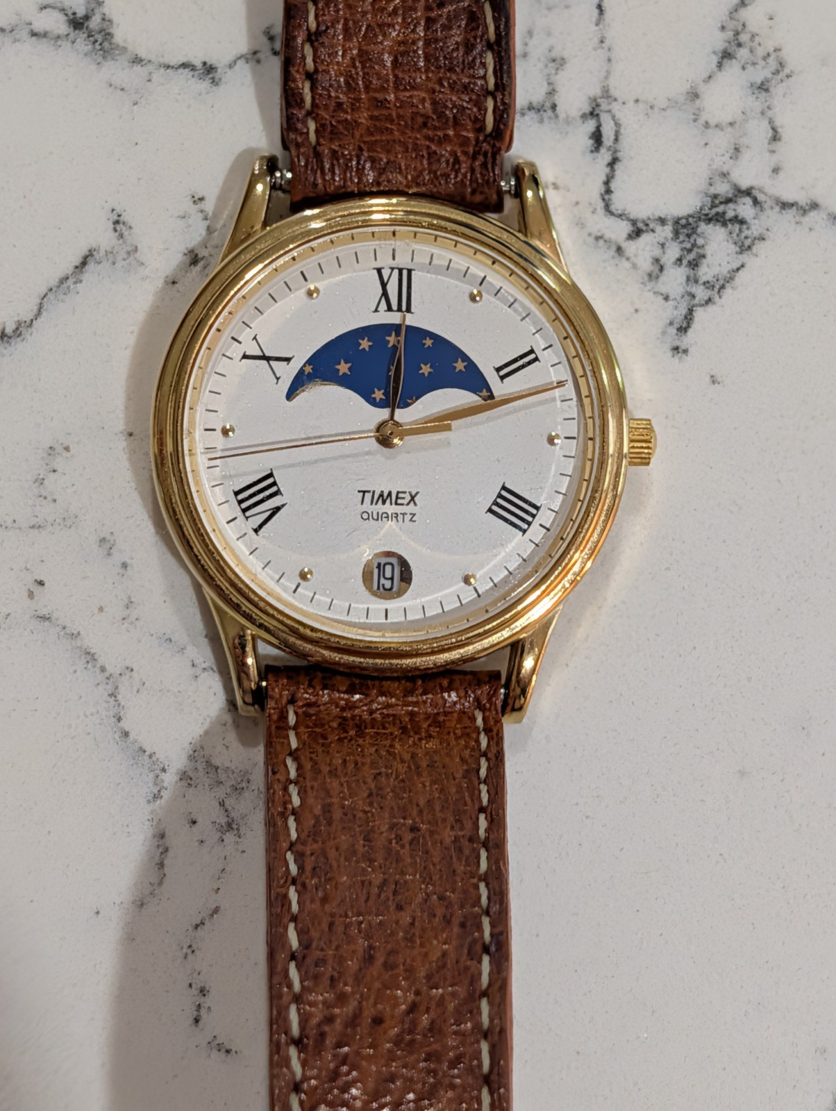 Vtg Timex Moon Phase Watch Unisex Gold Tone New Tan Leather Band, Works