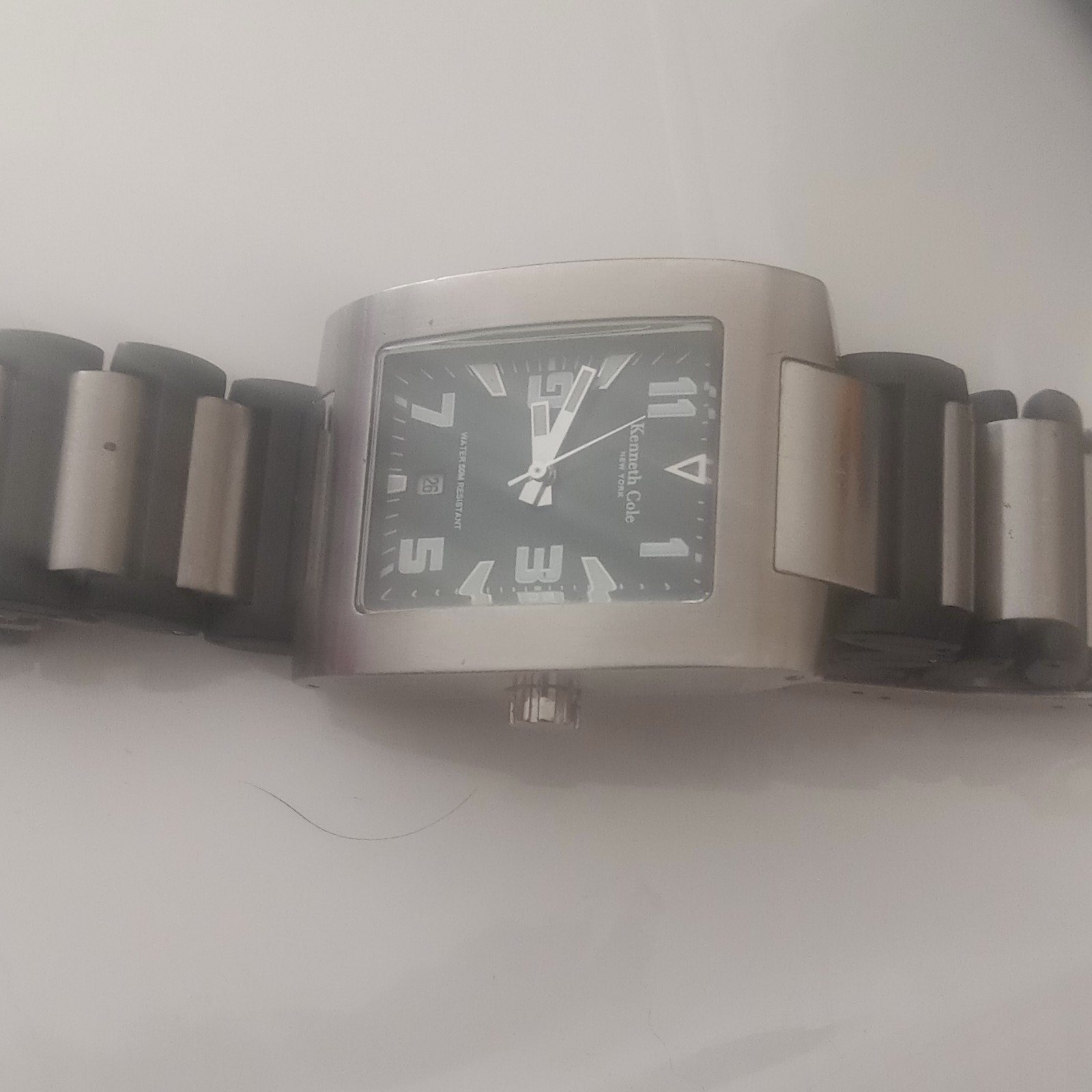 Kenneth Cole Quartz Rectangle Watch Date 30m Black Dial Arabic Two-Tone Bracelet