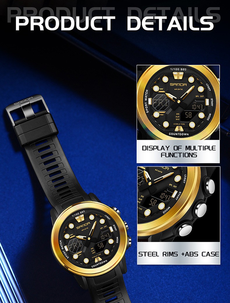 Dual display dial multifunctional sports style high waterproof quartz watch