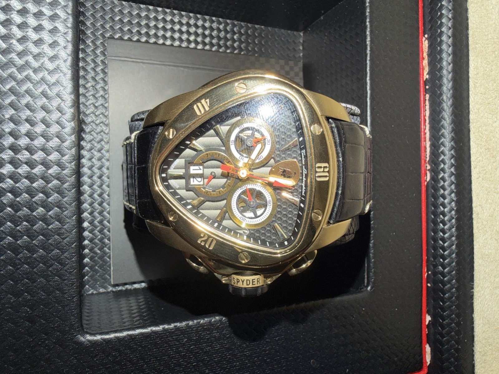 Tonino Lamborghini Spyder Quartz Chronograph 46mm Black Dial Gold Case 100m Box