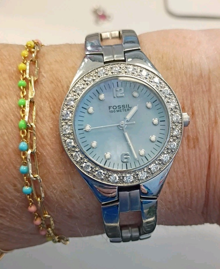 Fossil Watch 29mm Mother Of Pearl Dial Crystals AM-3458 New Battery Fits Upto 8″