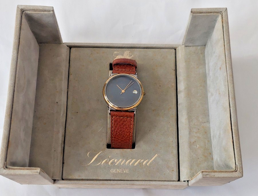 Leonard Geneve Two-tone Gold Plated Bezel, Tapisserie Pattern Dial Watch w/case