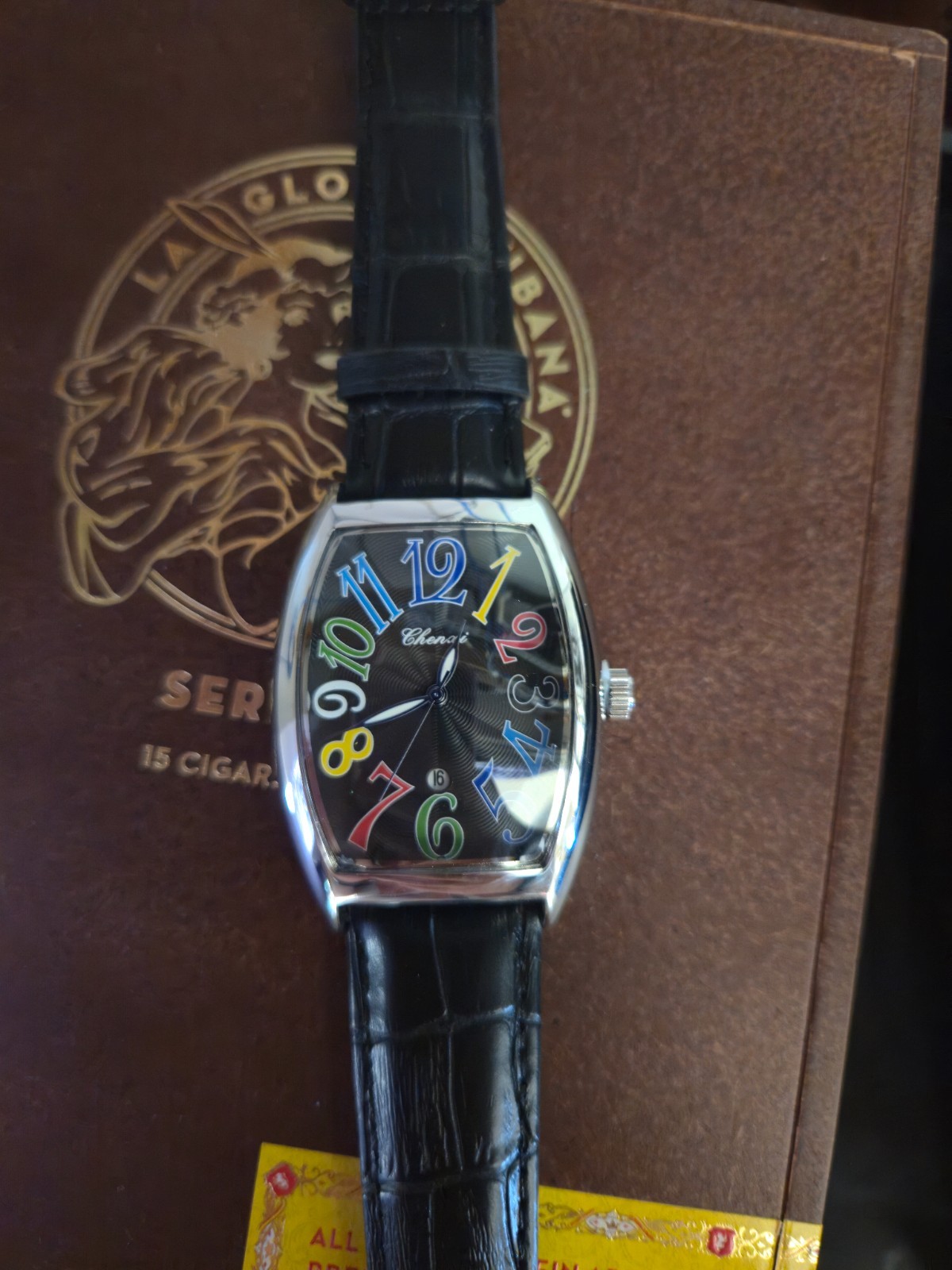 Chensi Men’s Quartz Watch Tonneau Case Black Dial Colorful Numbers Leather Runs