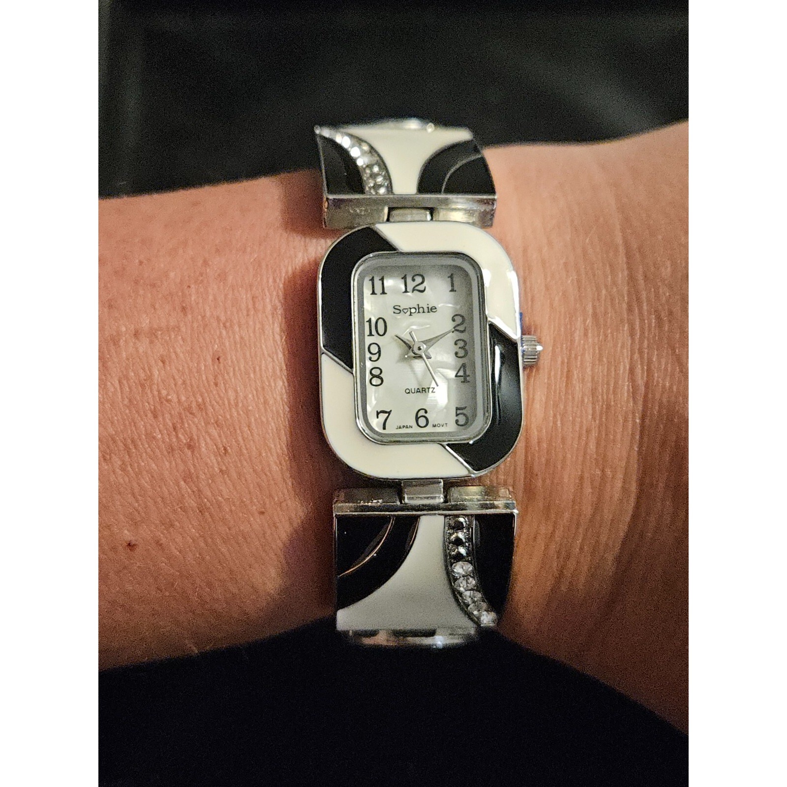 Sophie Black White Mother of Pearl Face Shiny Rhinestone Bracelet Watch Border