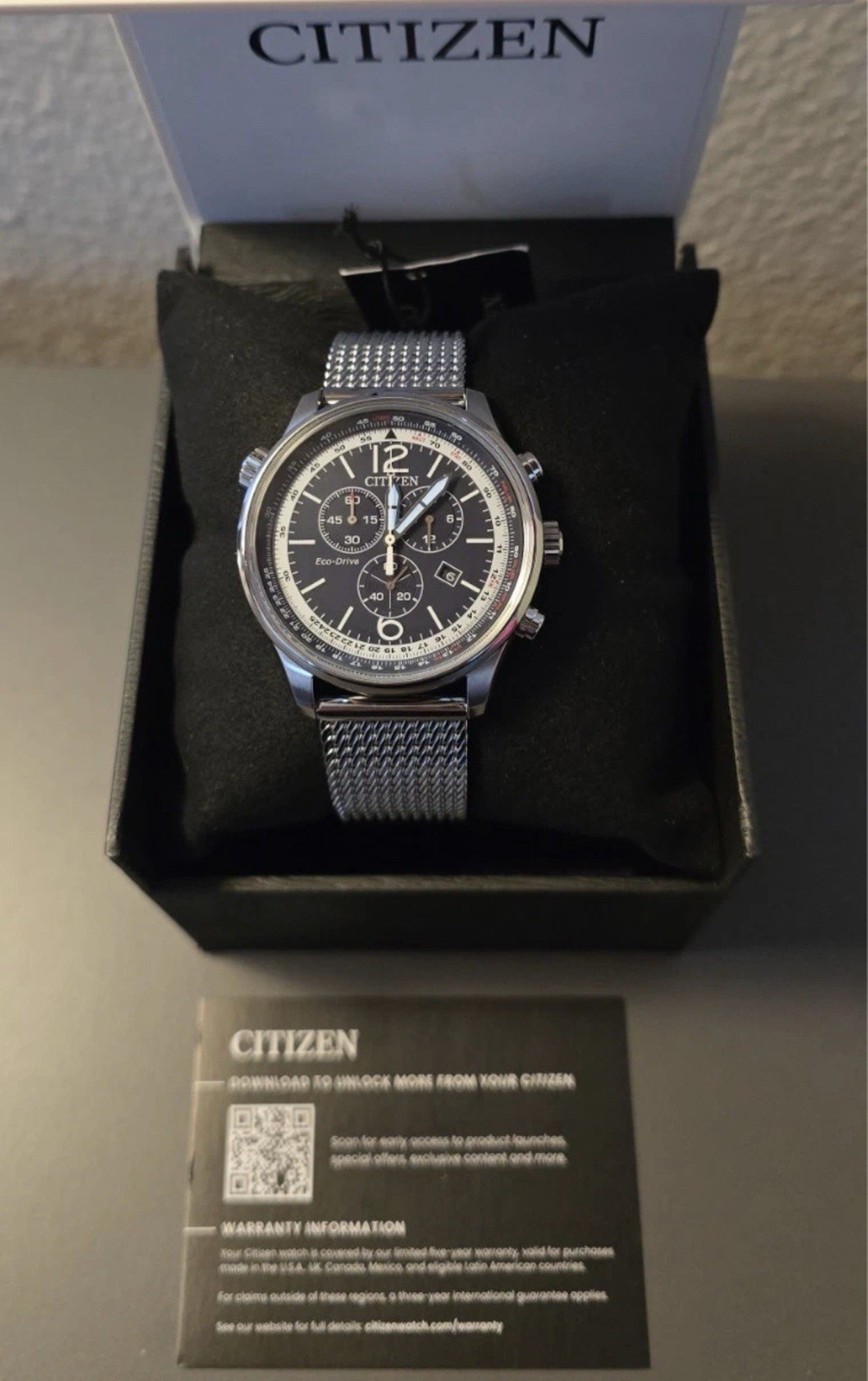 Citizen ATO361-81L Eco-Drive 43mm BlueDial Chronograph SS Mesh Band Men’sWatch