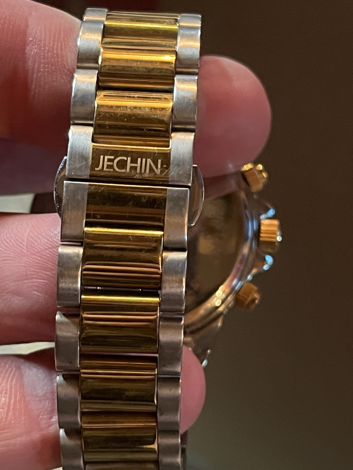 Jechin Mens Analog Chronograph Watch Silver/Goldtone Blue Dial Butterfly Clasp