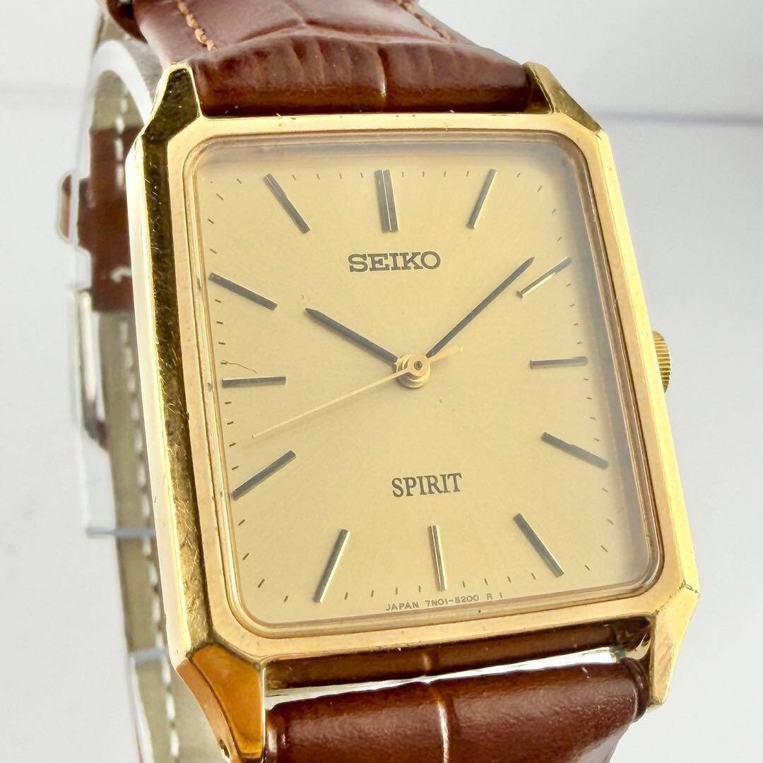 SEIKO Spirit 7N01-5180 Rectangular Quartz Gold Dial From Japan New Batt