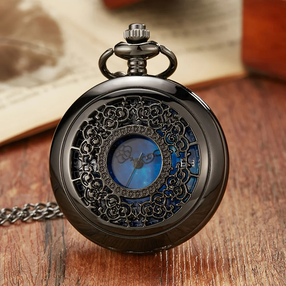 Exquisite Starry Blue Dial Quartz Pocket Watch Roman Numerals Gift