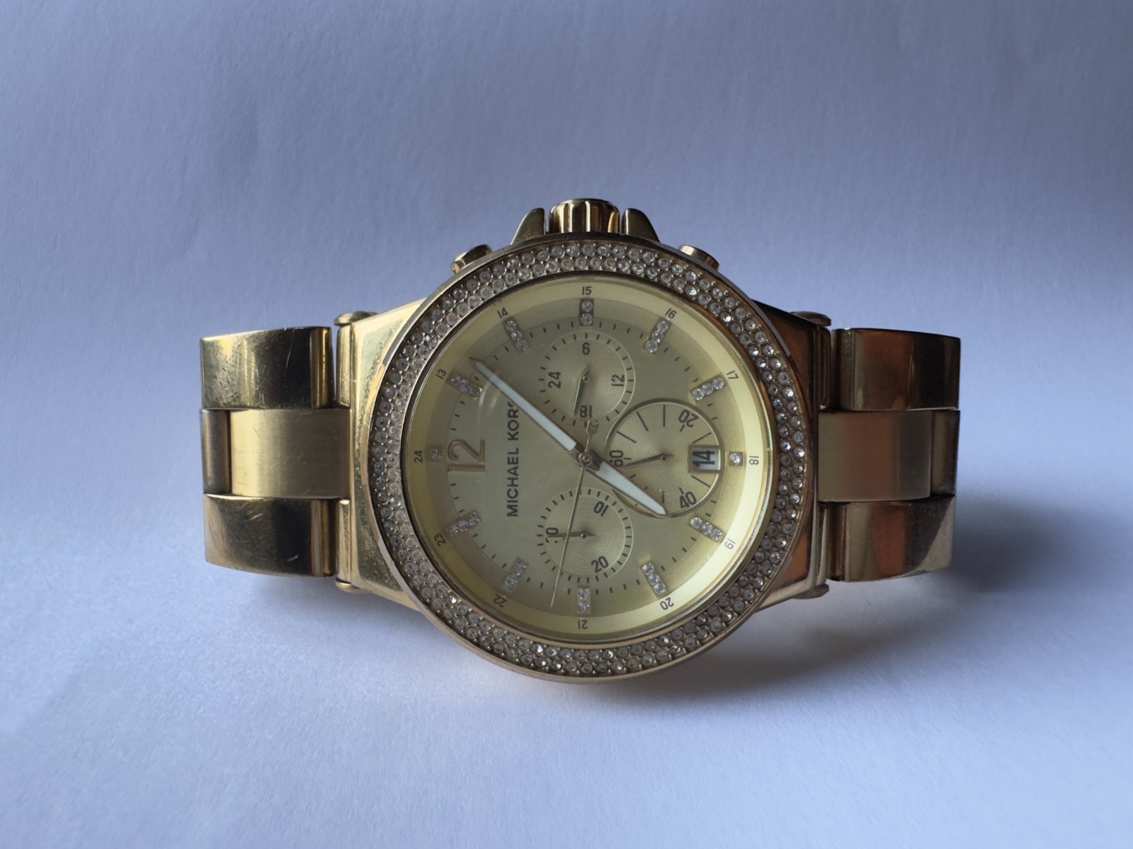 Michael Kors MK5386 Gold Crystal Chronograph Watch Date Women 42mm Authentic