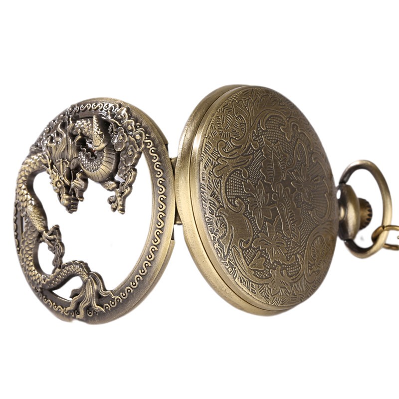 Vintage Style Bronze Pocket Watch Dragon Display with Long Chain for Women Men